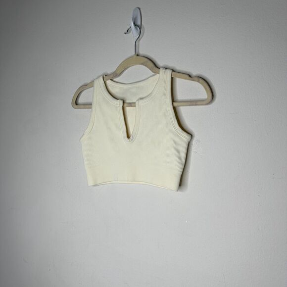 Cream Ribbed Knit Cut Front V-Neck Soft Sports Bra Crop Top No Inserts Medium - Picture 3 of 9